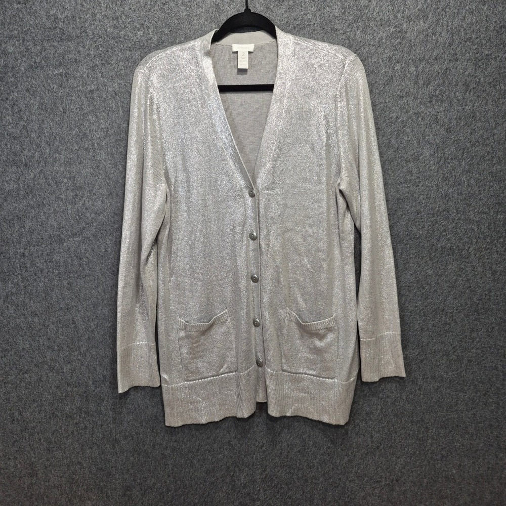 Chico's Silver Metallic Button Front Cardigan Sz 2 (Med) Chic Contemporary